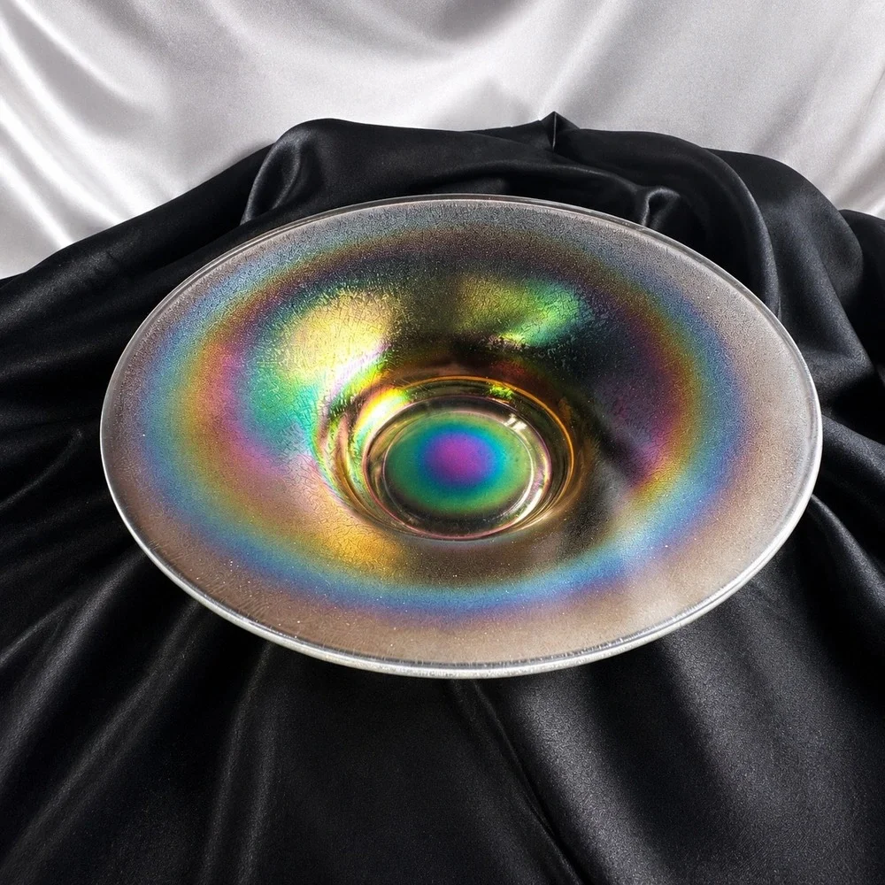 Vintage Iridescent Stretch Glass Console Bowl Rainbow 10 Inch Centerpiece